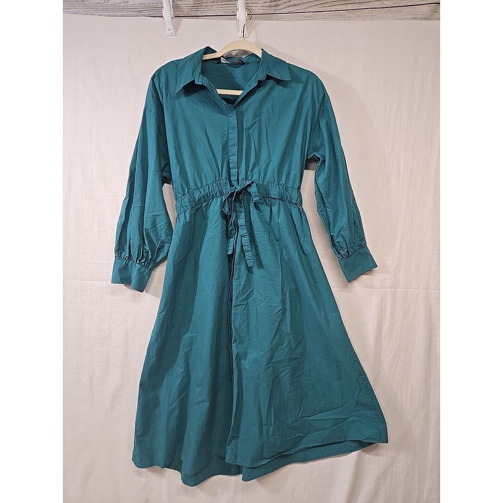 ZARA Green Cotton POPLIN button-down SHIRT DRESS Women's Small Tie Front Midi‎